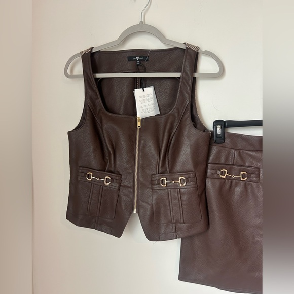 Viral Pleather Brown Plaid Vest and mini Leather Skirt matching set - Picture 2 of 5